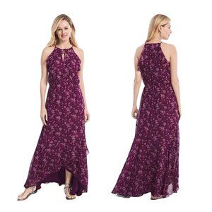 White House Black Market Sz12 Purple Metallic Weave Floral Ruffle Maxi Dress